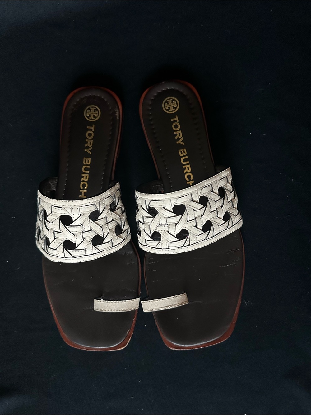 Tory Burch basket wave Cream Bone  Braided Leather Slide Sandals with Brown 8.5 - Picture 3 of 12